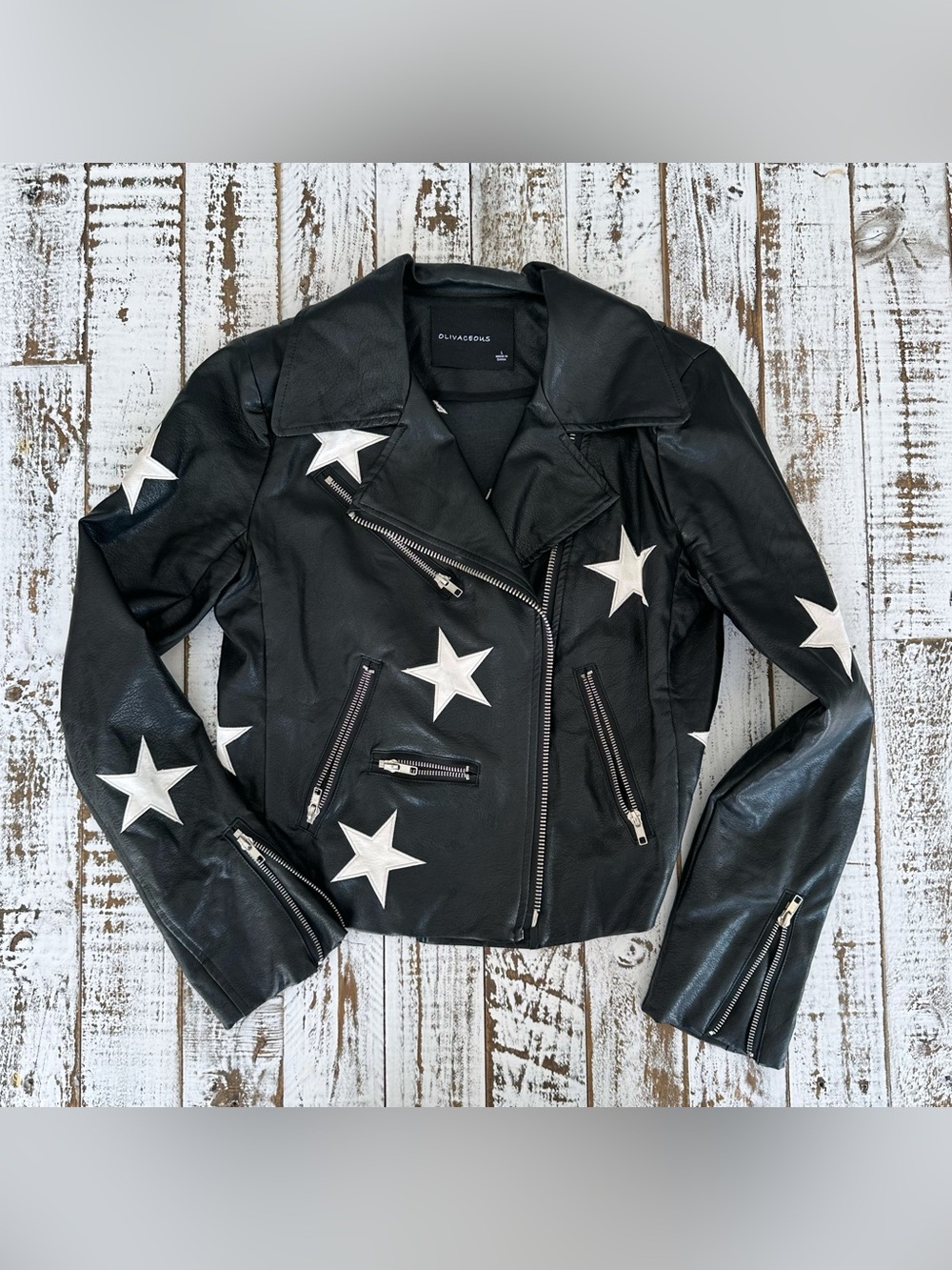Olivaceous Black Leather Moto Jacket with White Star Detail
